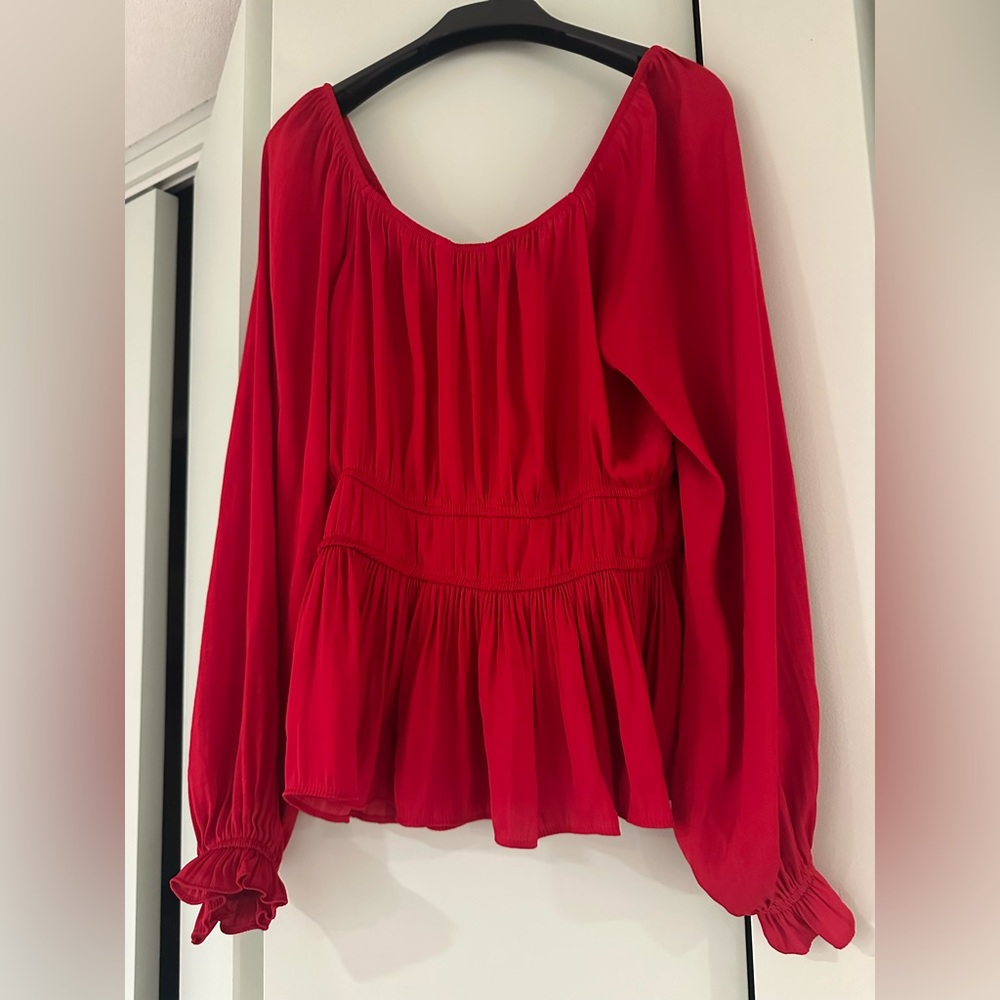 NINE WEST Size Medium Red and Pink Peplum Long Sleeve Sweetheart Neckline Blouse - Picture 7 of 11